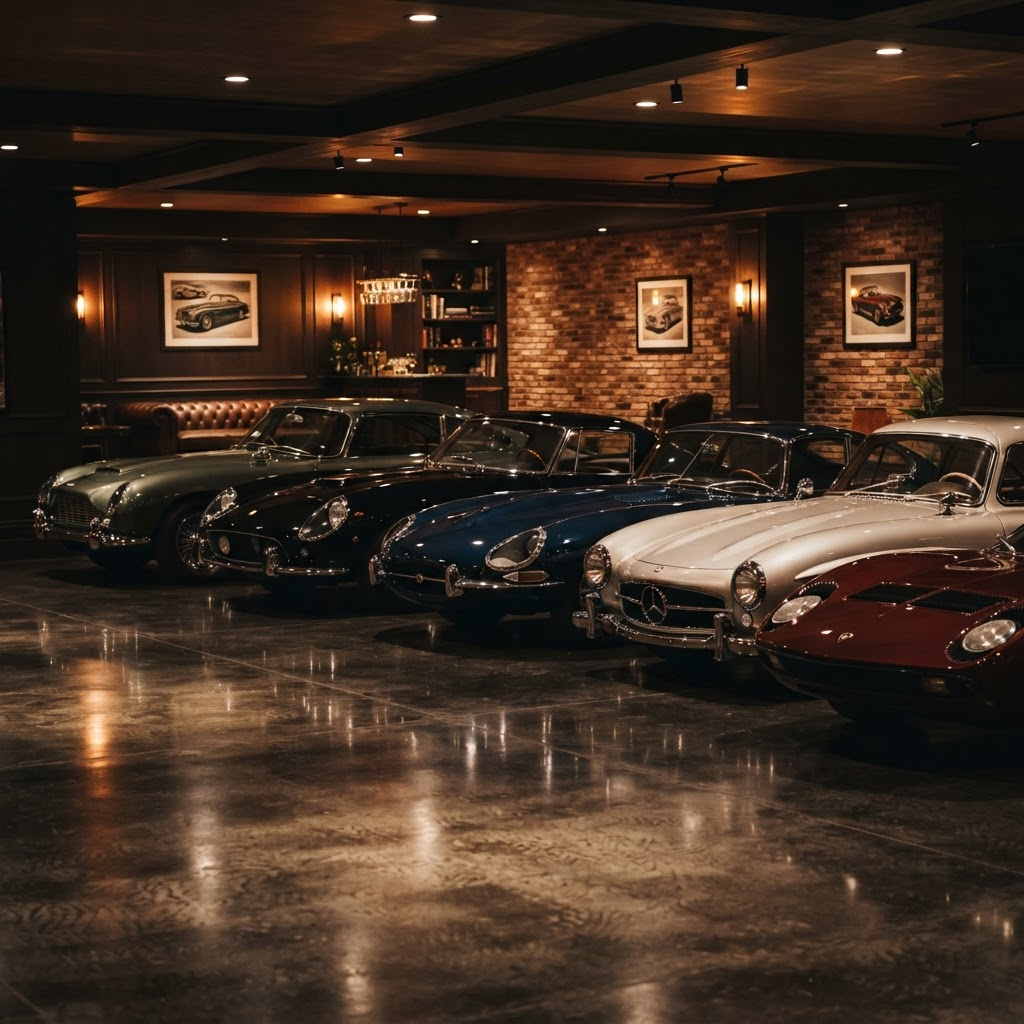 A curated lineup of luxury and exotic cars in an exclusive private club setting