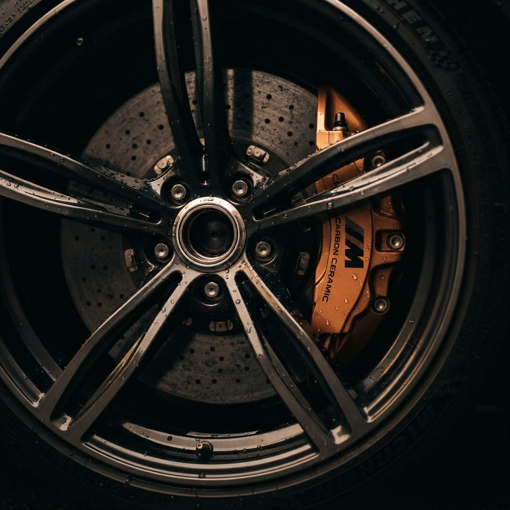 Macro detail of a polished luxury car wheel and brake caliper