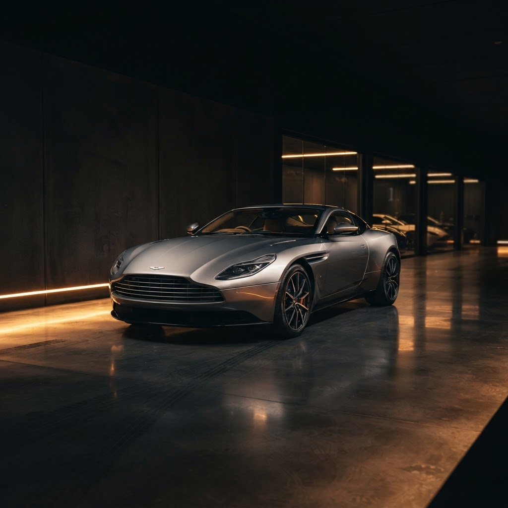 A bronze-hued grand tourer under a single warm spotlight in a dark studio