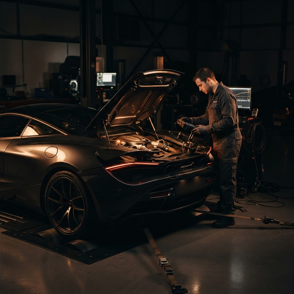 A technician tuning the open engine bay of a high-end sports car on a dyno