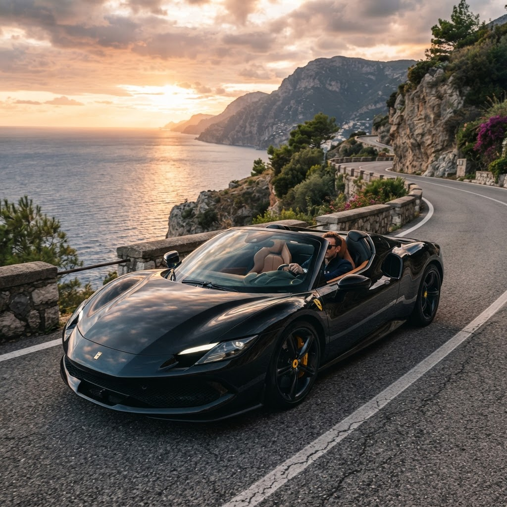 A black convertible supercar on a coastal road at golden hour