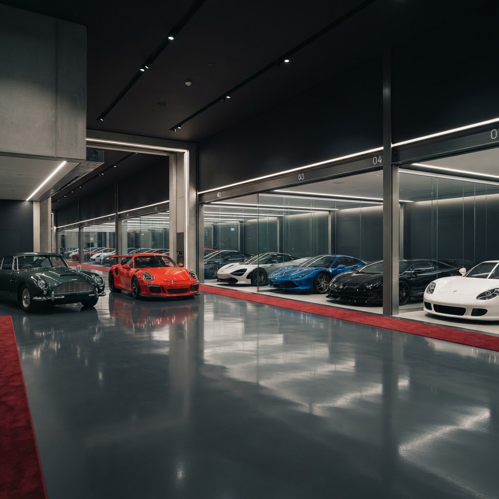 Rows of exotic cars inside a pristine private storage facility