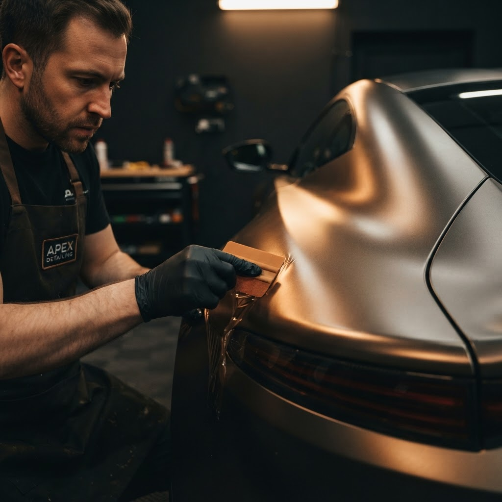 A detailer applying a satin vinyl wrap to the body panel of a luxury car